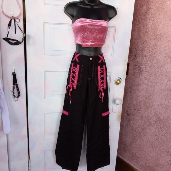 Tripp sister brand Royal Bones nwt mall-goth blk&pink corset thigh wideleg pants - Picture 2 of 8